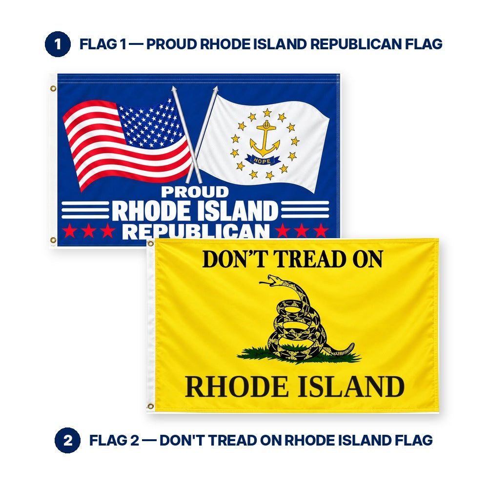 Proud Rhode Island Republican and Don't Tread on Rhode Island Flags 3x5 2-Pack features and size details