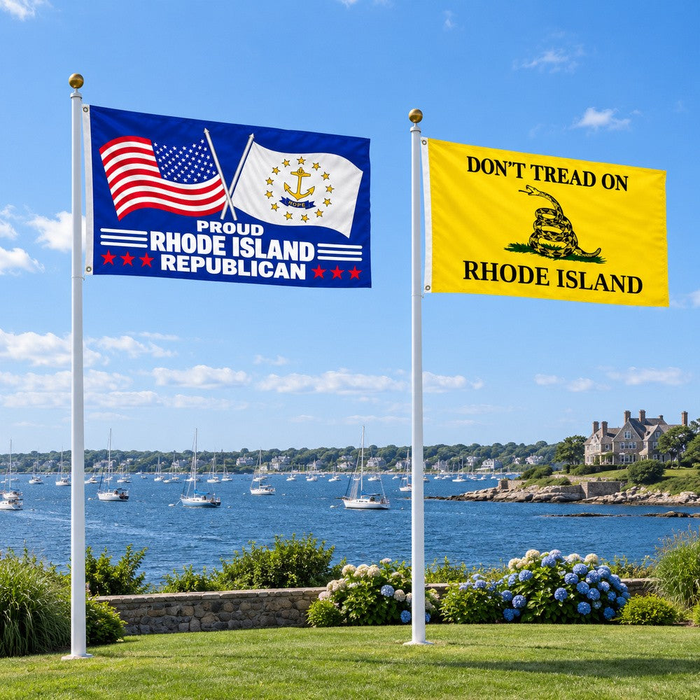 Proud Rhode Island Republican and Don't Tread on Rhode Island Flags 3x5 2-Pack displayed outdoors