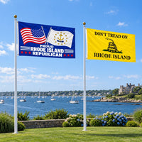 Proud Rhode Island Republican and Don't Tread on Rhode Island Flags 3x5 2-Pack displayed outdoors