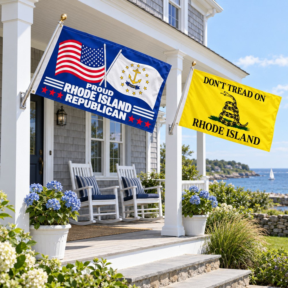 Proud Rhode Island Republican and Don't Tread on Rhode Island Flags 3x5 2-Pack displayed outdoors