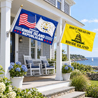 Proud Rhode Island Republican and Don't Tread on Rhode Island Flags 3x5 2-Pack displayed outdoors