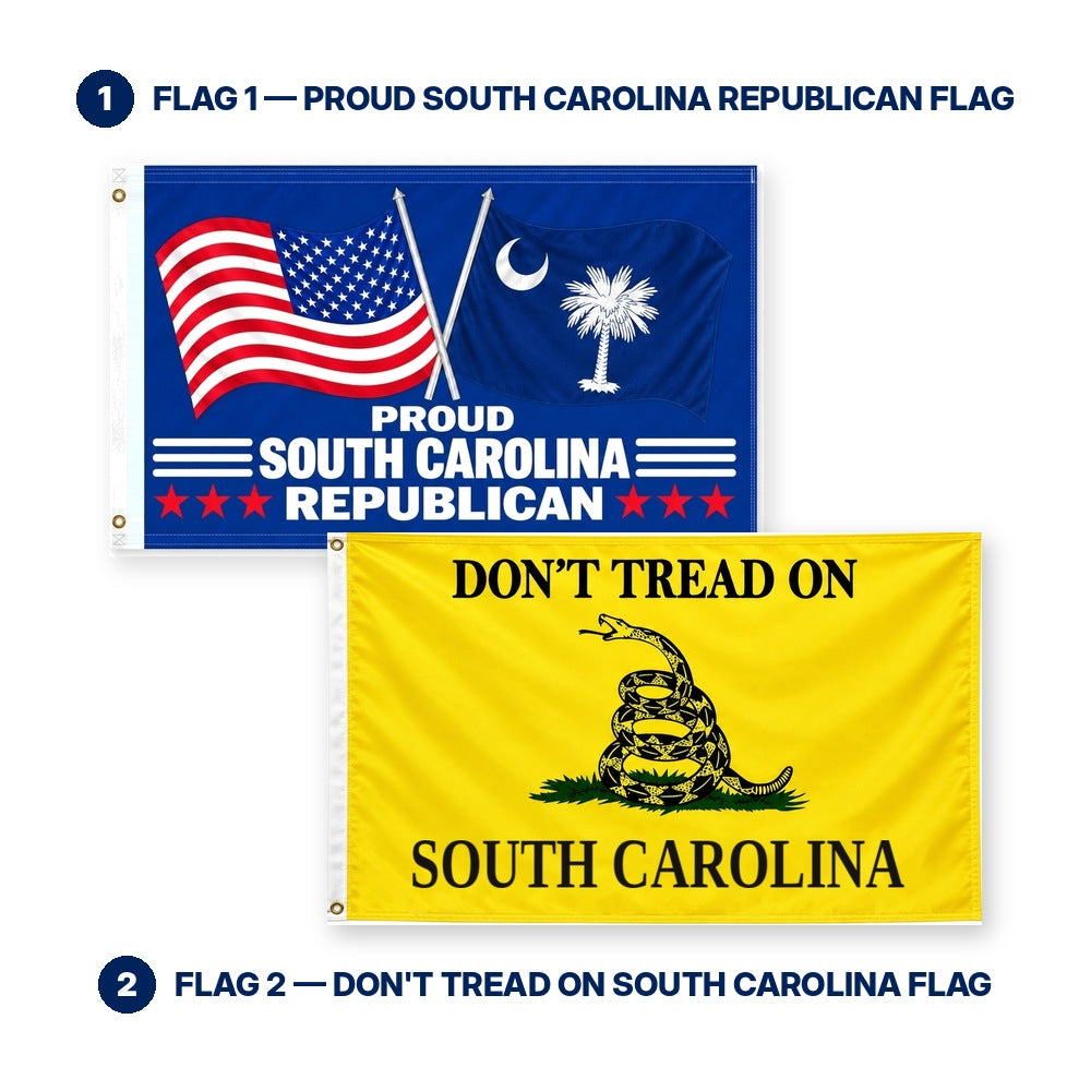 Proud South Carolina Republican and Don't Tread on South Carolina Flags 3x5 2-Pack features and size details