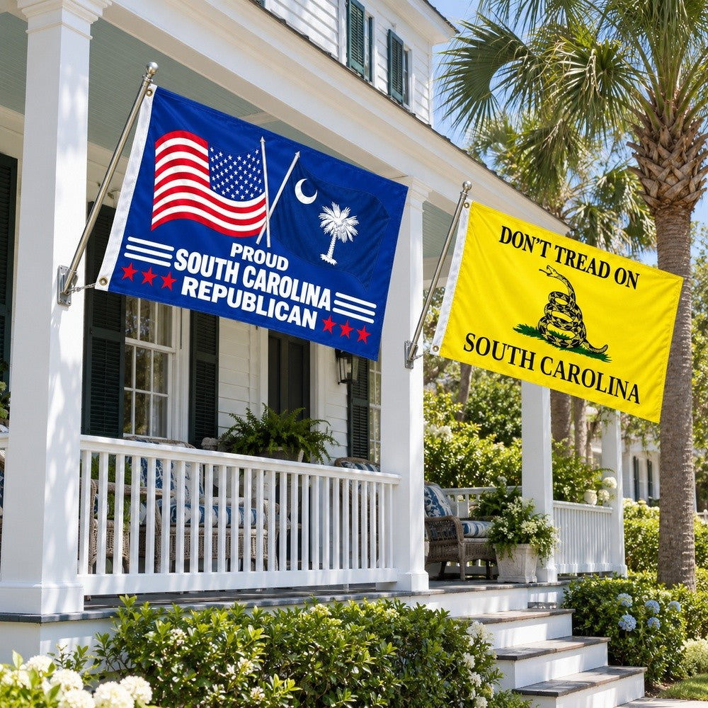 Proud South Carolina Republican and Don't Tread on South Carolina Flags 3x5 2-Pack displayed outdoors
