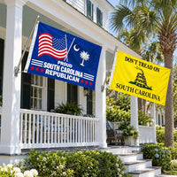 Proud South Carolina Republican and Don't Tread on South Carolina Flags 3x5 2-Pack displayed outdoors