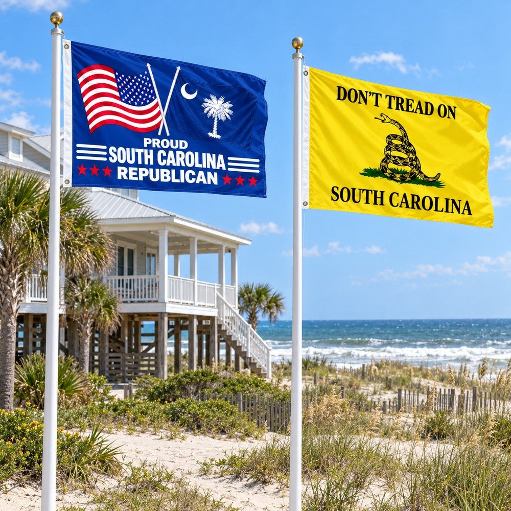 Proud South Carolina Republican and Don't Tread on South Carolina Flags 3x5 2-Pack displayed outdoors