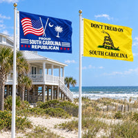 Proud South Carolina Republican and Don't Tread on South Carolina Flags 3x5 2-Pack displayed outdoors