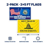 Proud South Dakota Republican and Don't Tread on South Dakota Flags 3x5 2-Pack features and size details