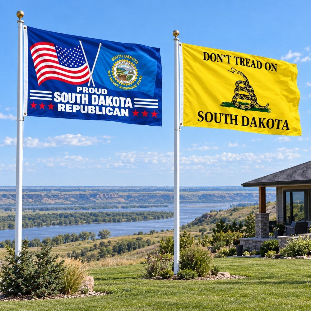 Proud South Dakota Republican and Don't Tread on South Dakota Flags 3x5 2-Pack displayed outdoors