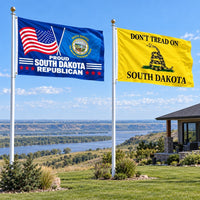 Proud South Dakota Republican and Don't Tread on South Dakota Flags 3x5 2-Pack displayed outdoors