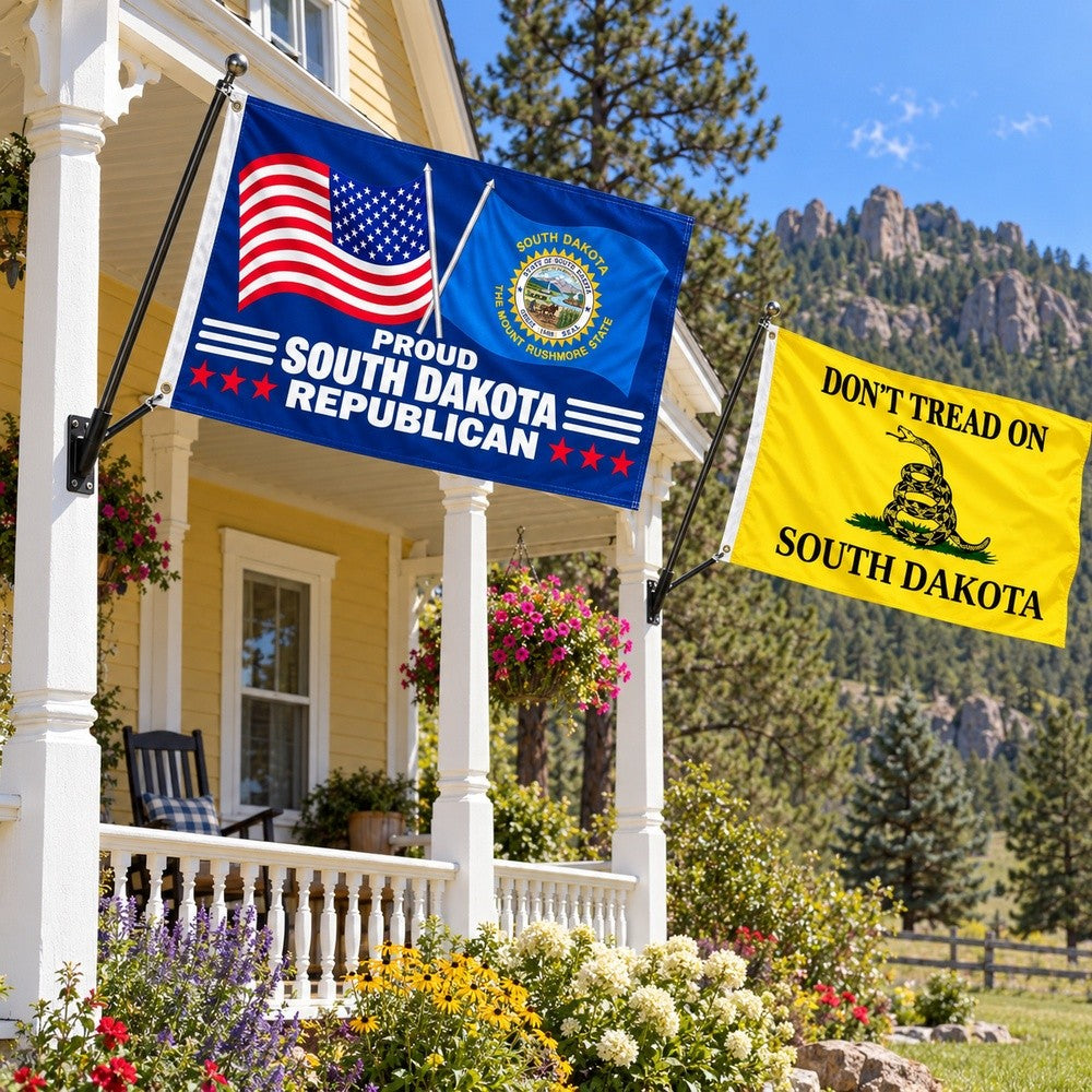 Proud South Dakota Republican and Don't Tread on South Dakota Flags 3x5 2-Pack displayed outdoors