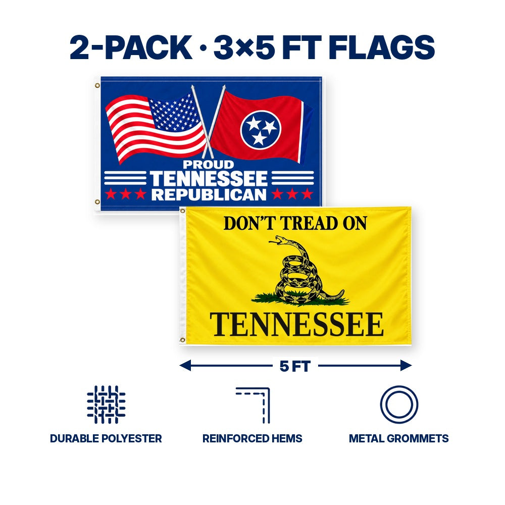 Proud Tennessee Republican and Don't Tread on Tennessee Flags 3x5 2-Pack features and size details