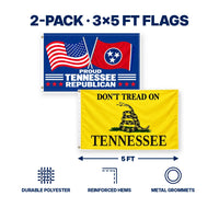 Proud Tennessee Republican and Don't Tread on Tennessee Flags 3x5 2-Pack features and size details