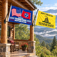 Proud Tennessee Republican and Don't Tread on Tennessee Flags 3x5 2-Pack displayed outdoors