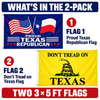 Proud Texas Republican and Don't Tread on Texas Flags 3x5 2-Pack features and size details
