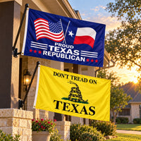 Proud Texas Republican and Don't Tread on Texas Flags 3x5 2-Pack displayed outdoors