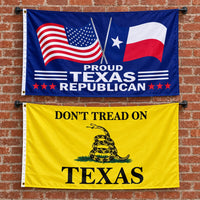 Proud Texas Republican and Don't Tread on Texas Flags 3x5 2-Pack displayed outdoors