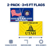 Proud Utah Republican and Don't Tread on Utah Flags 3x5 2-Pack features and size details