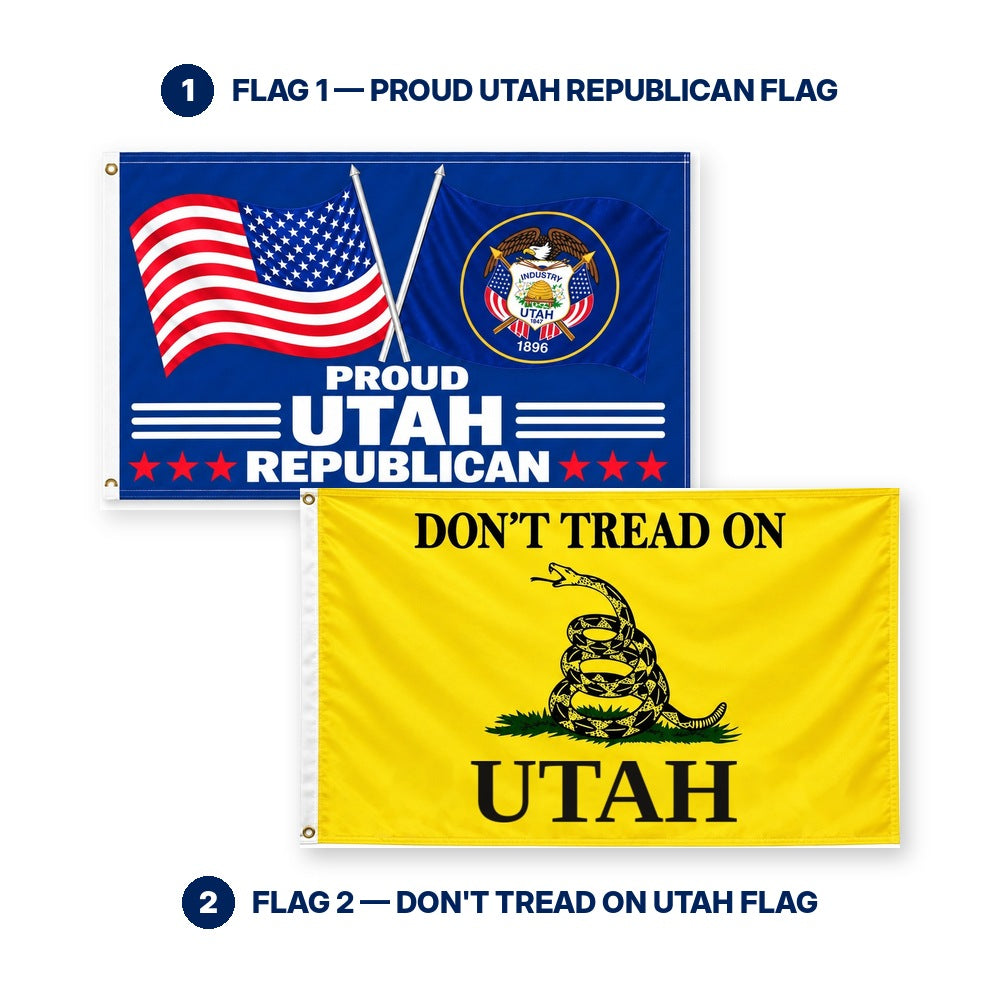 Proud Utah Republican and Don't Tread on Utah Flags 3x5 2-Pack features and size details