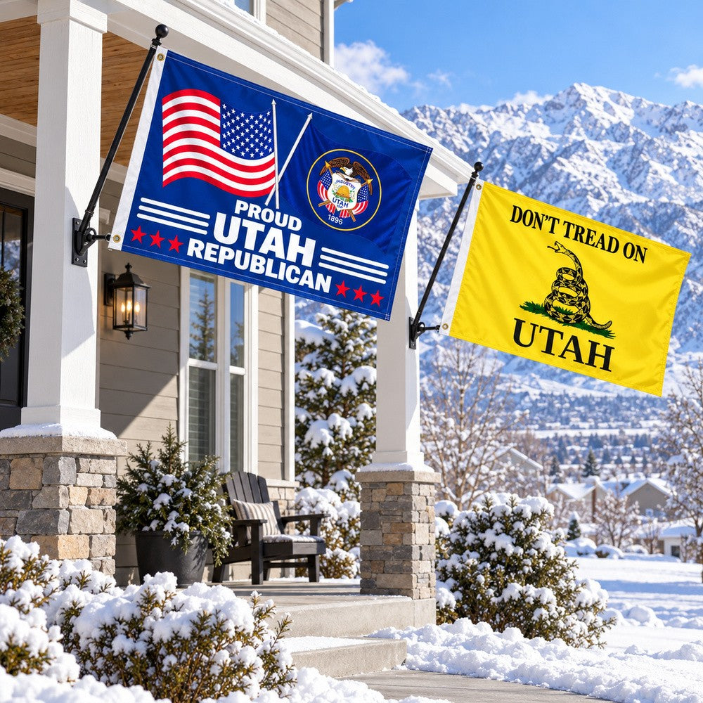 Proud Utah Republican and Don't Tread on Utah Flags 3x5 2-Pack displayed outdoors