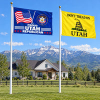 Proud Utah Republican and Don't Tread on Utah Flags 3x5 2-Pack displayed outdoors