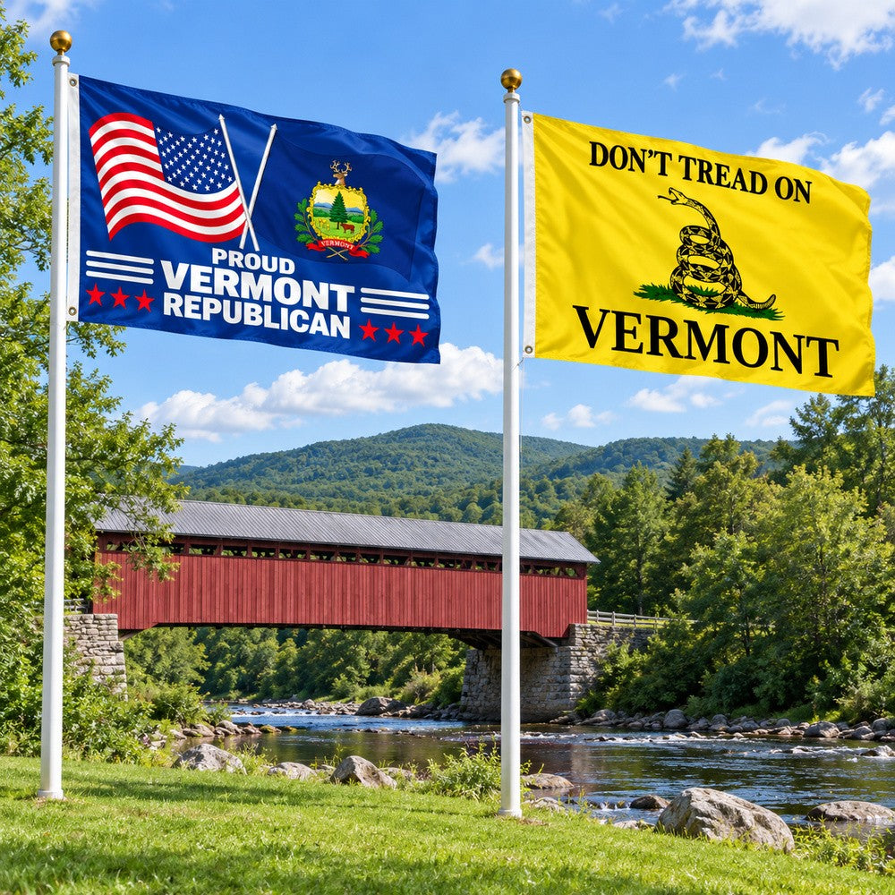 Proud Vermont Republican and Don't Tread on Vermont Flags 3x5 2-Pack displayed outdoors