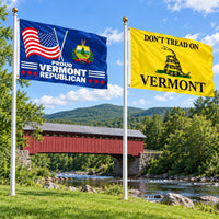 Proud Vermont Republican and Don't Tread on Vermont Flags 3x5 2-Pack displayed outdoors