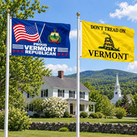 Proud Vermont Republican and Don't Tread on Vermont Flags 3x5 2-Pack displayed outdoors