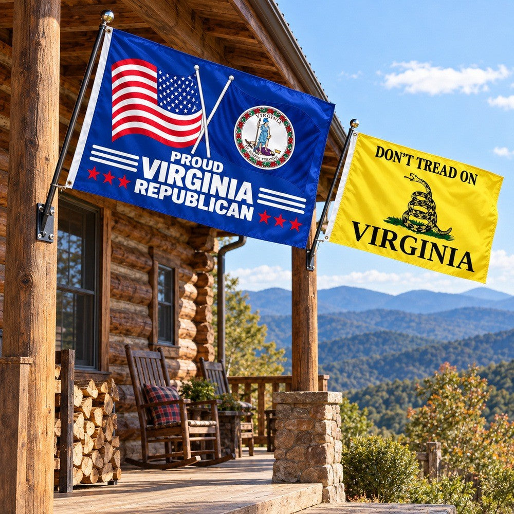 Proud Virginia Republican and Don't Tread on Virginia Flags 3x5 2-Pack displayed outdoors