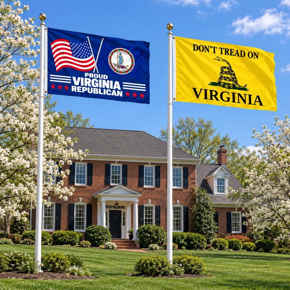 Proud Virginia Republican and Don't Tread on Virginia Flags 3x5 2-Pack displayed outdoors