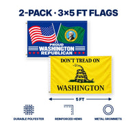 Proud Washington Republican and Don't Tread on Washington Flags 3x5 2-Pack features and size details