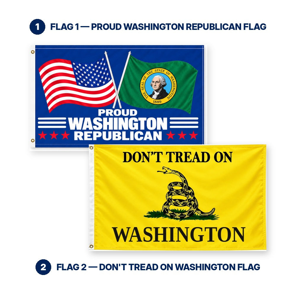 Proud Washington Republican and Don't Tread on Washington Flags 3x5 2-Pack features and size details