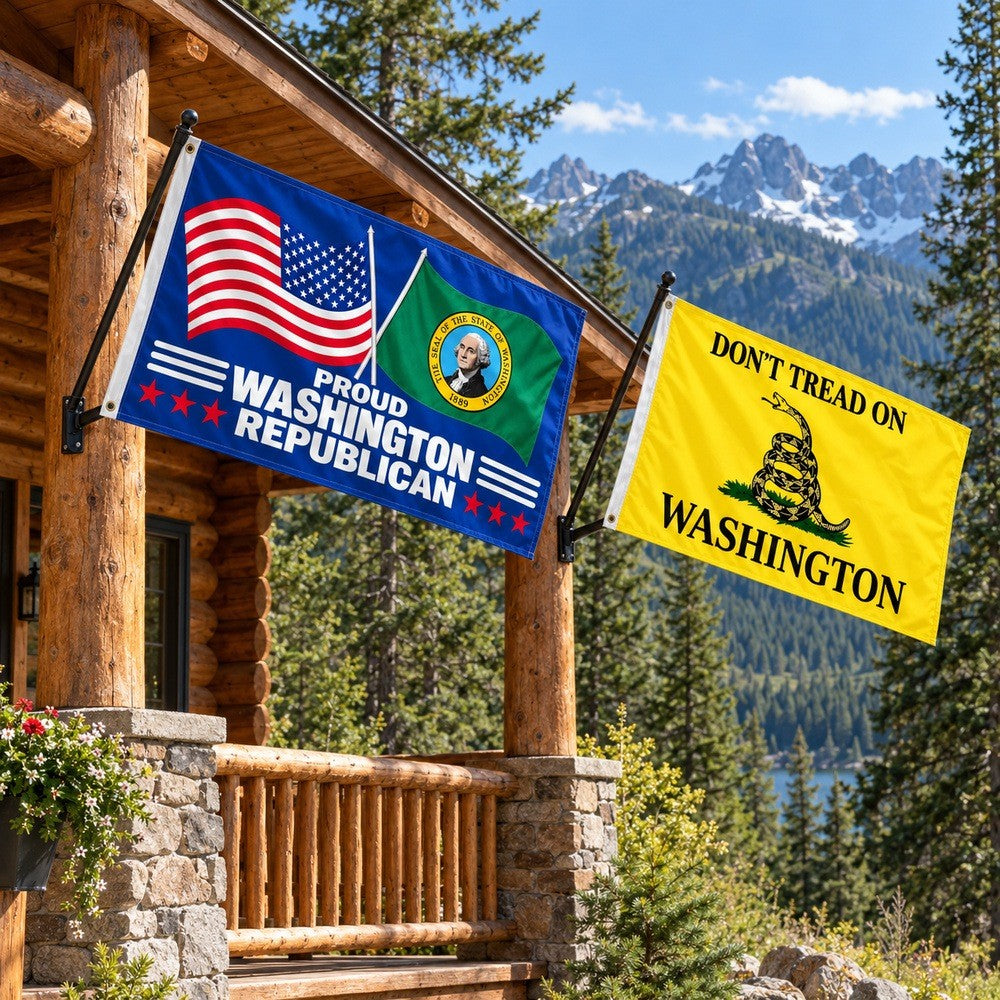 Proud Washington Republican and Don't Tread on Washington Flags 3x5 2-Pack displayed outdoors