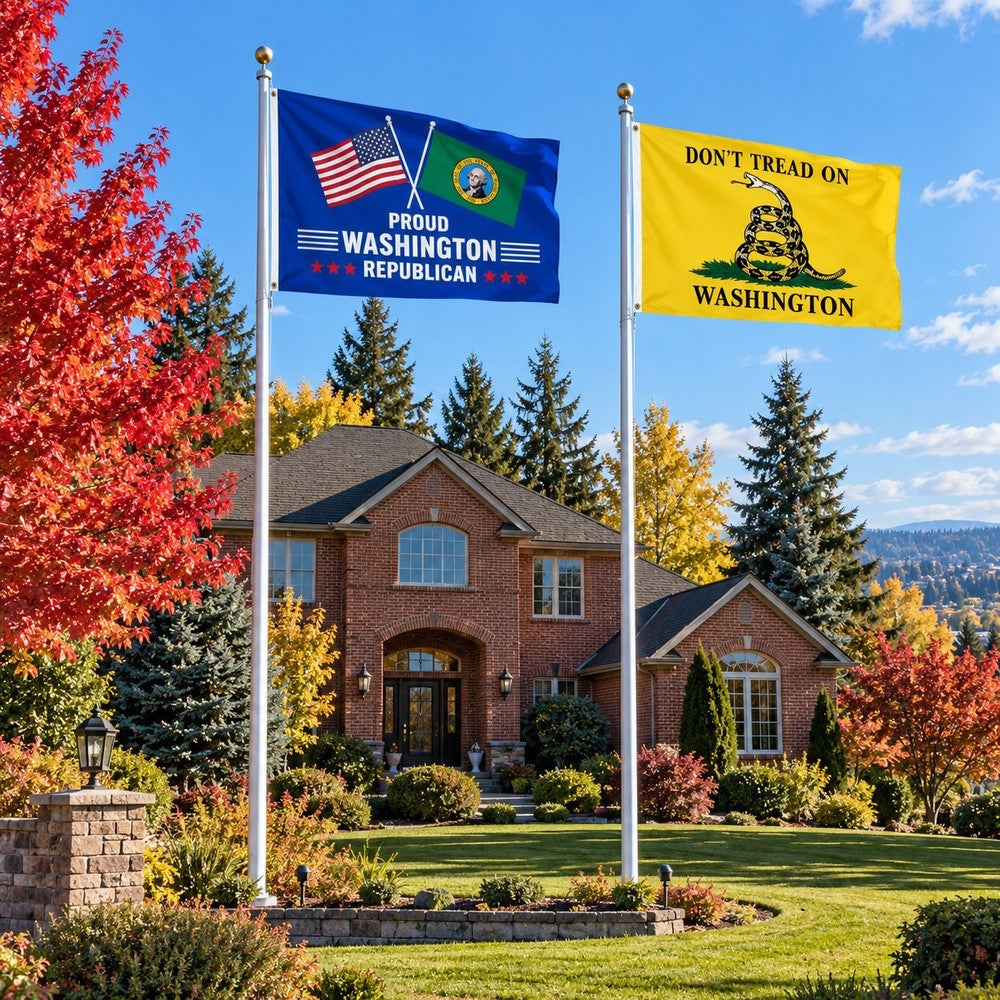 Proud Washington Republican and Don't Tread on Washington Flags 3x5 2-Pack displayed outdoors