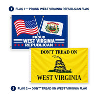 Proud West Virginia Republican and Don't Tread on West Virginia Flags 3x5 2-Pack features and size details