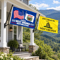 Proud West Virginia Republican and Don't Tread on West Virginia Flags 3x5 2-Pack displayed outdoors