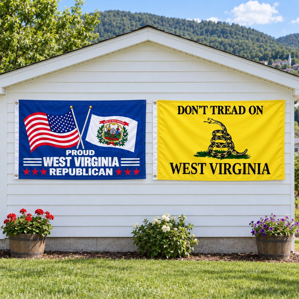 Proud West Virginia Republican and Don't Tread on West Virginia Flags 3x5 2-Pack displayed outdoors