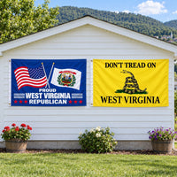 Proud West Virginia Republican and Don't Tread on West Virginia Flags 3x5 2-Pack displayed outdoors