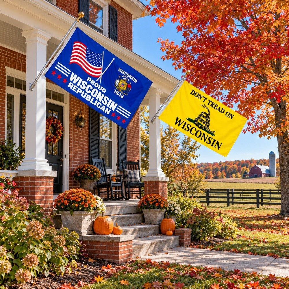 Proud Wisconsin Republican and Don't Tread on Wisconsin Flags 3x5 2-Pack displayed outdoors