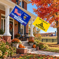 Proud Wisconsin Republican and Don't Tread on Wisconsin Flags 3x5 2-Pack displayed outdoors
