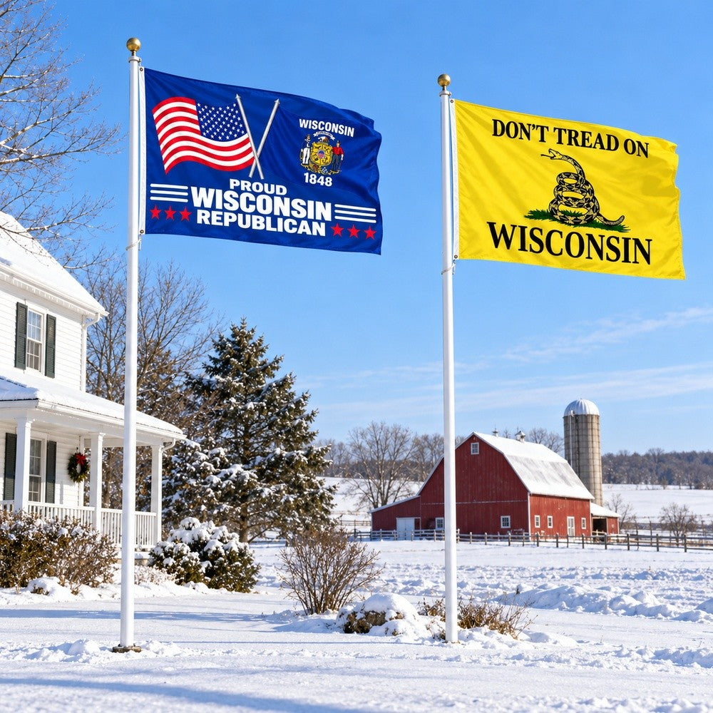 Proud Wisconsin Republican and Don't Tread on Wisconsin Flags 3x5 2-Pack displayed outdoors