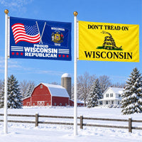 Proud Wisconsin Republican and Don't Tread on Wisconsin Flags 3x5 2-Pack displayed outdoors