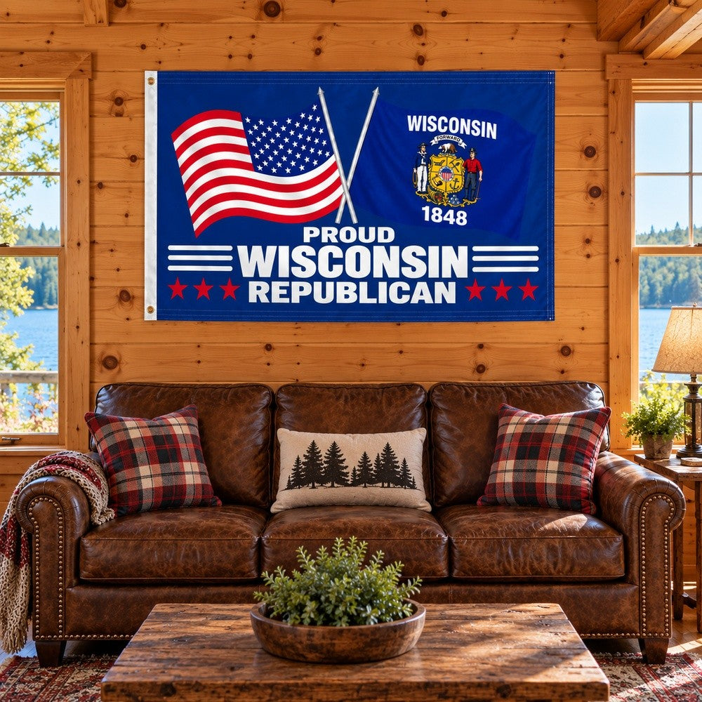 Proud Wisconsin Republican Flag 3x5 displayed outdoors