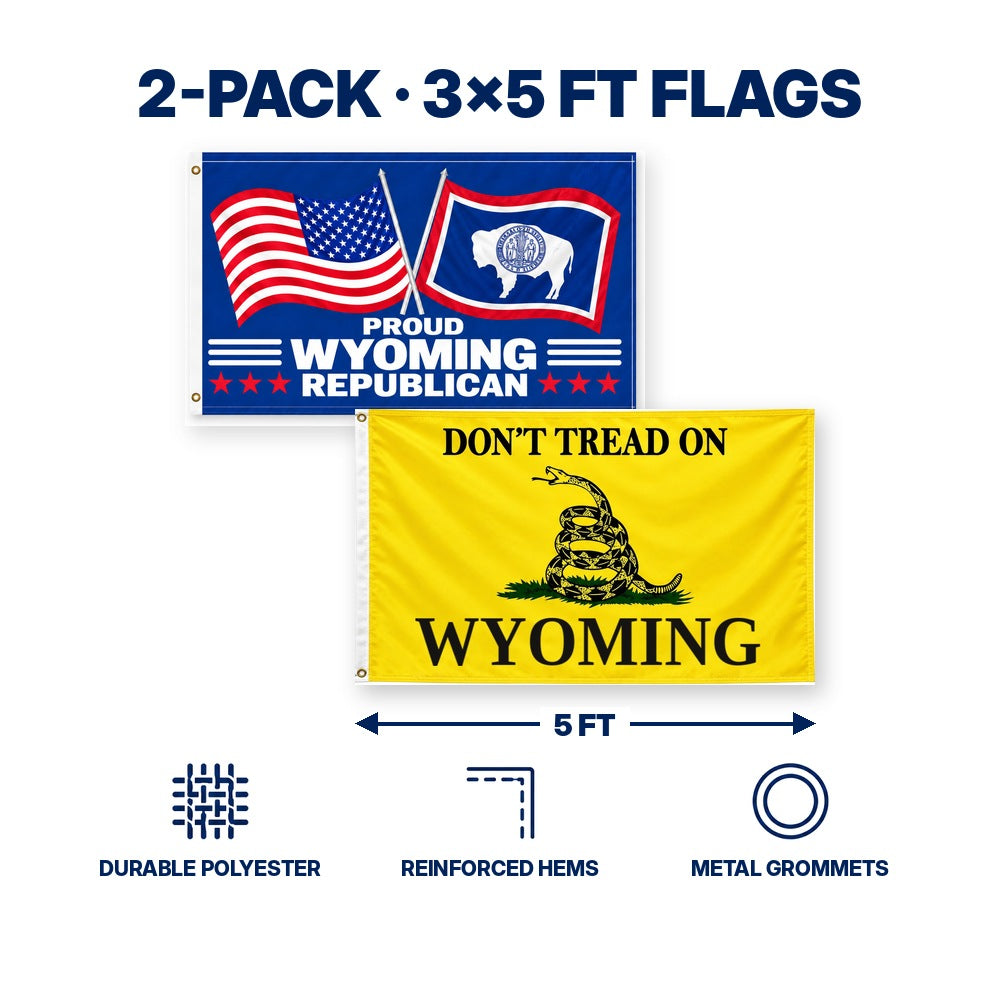 Proud Wyoming Republican and Don't Tread on Wyoming Flags 3x5 2-Pack features and size details