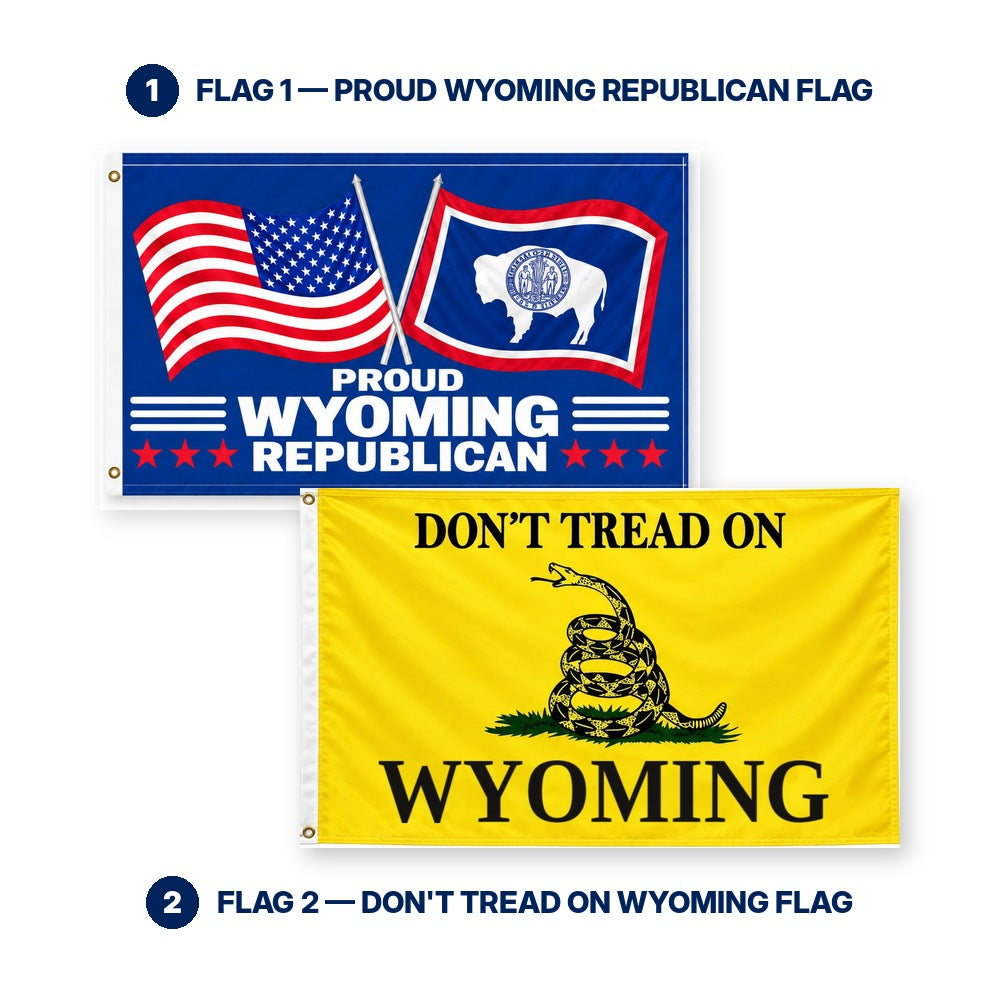 Proud Wyoming Republican and Don't Tread on Wyoming Flags 3x5 2-Pack features and size details