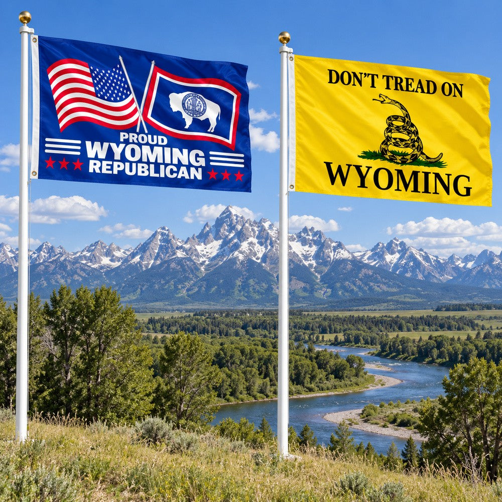 Proud Wyoming Republican and Don't Tread on Wyoming Flags 3x5 2-Pack displayed outdoors