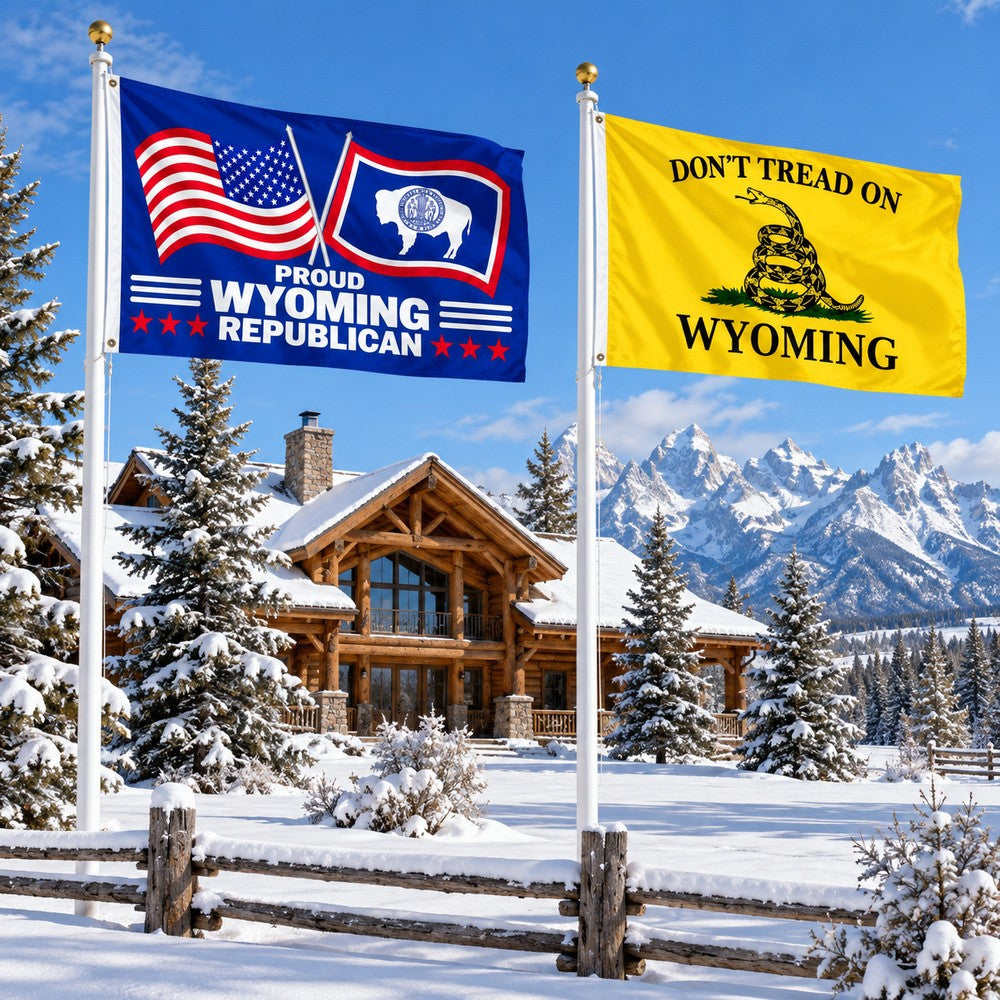 Proud Wyoming Republican and Don't Tread on Wyoming Flags 3x5 2-Pack displayed outdoors