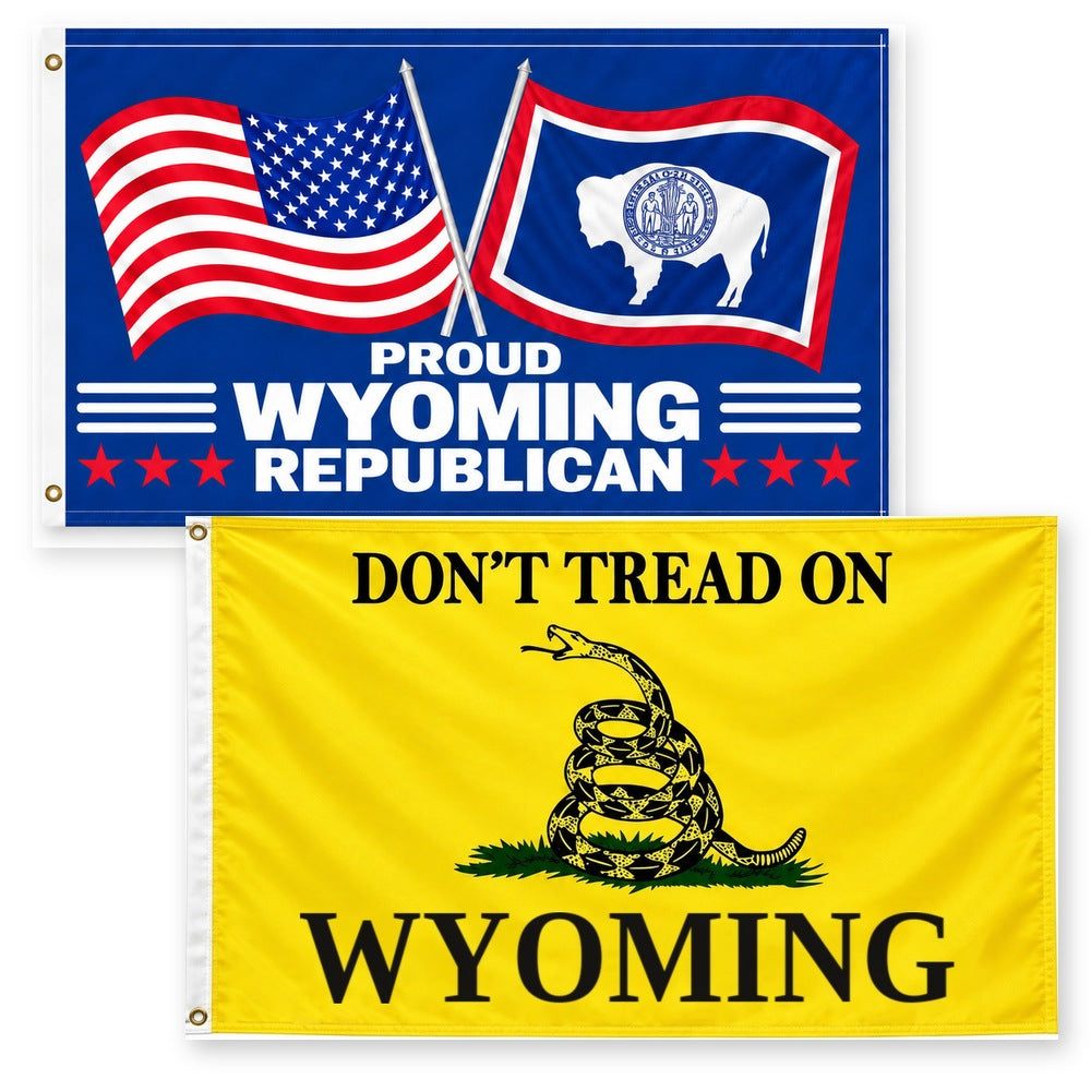 Proud Wyoming Republican and Don't Tread on Wyoming Flags 3x5 2-Pack