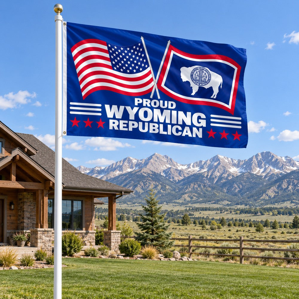 Proud Wyoming Republican Flag 3x5 displayed outdoors