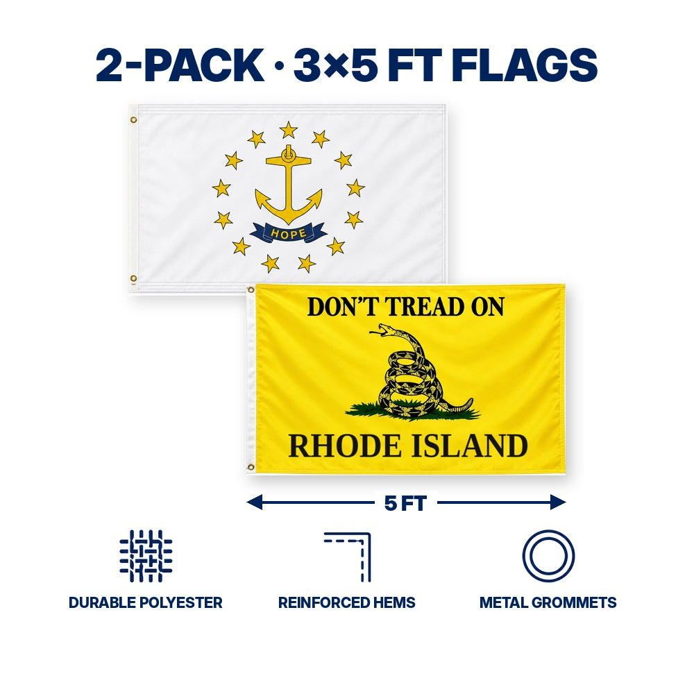 Rhode Island State Flag and Don't Tread on Rhode Island Flag 3x5 2-Pack features and size details