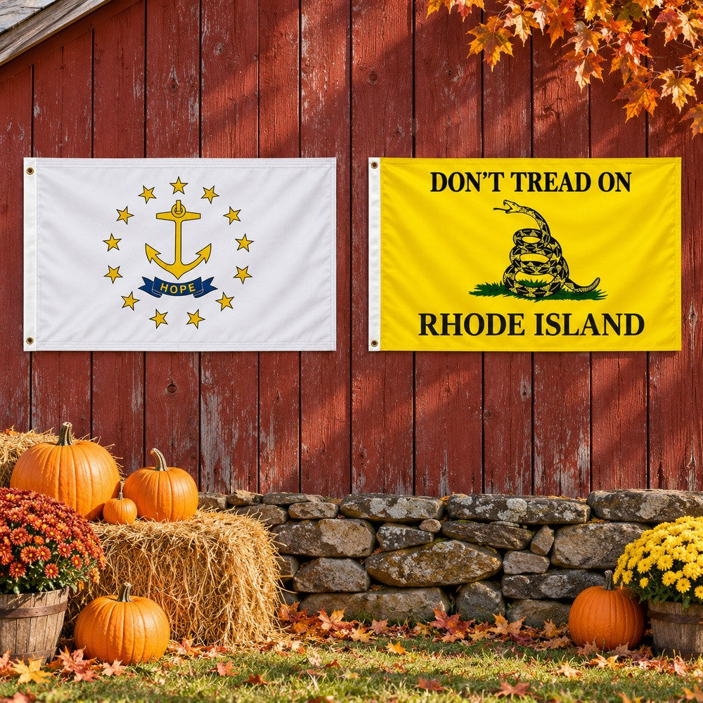 Rhode Island State Flag and Don't Tread on Rhode Island Flag 3x5 2-Pack displayed outdoors